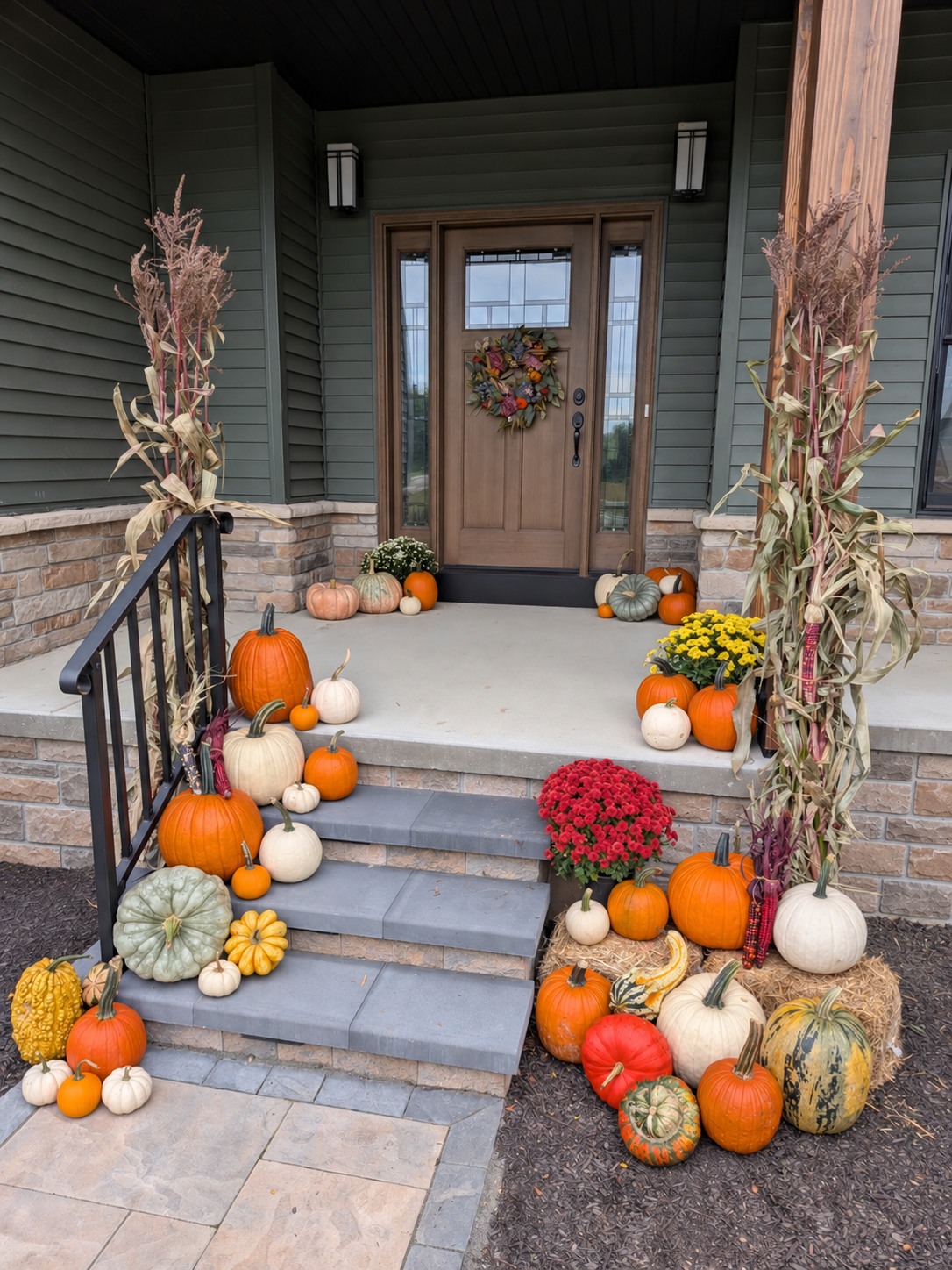 Fall porch display with orange, white and specialty pumpkins, mums and cornstalks