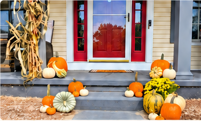 Classic fall porch display at the red-door house, as shown on the package flyer