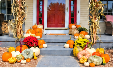 Estate fall porch display at the red-door house, as shown on the package flyer