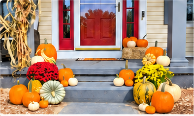 Signature fall porch display at the red-door house, as shown on the package flyer