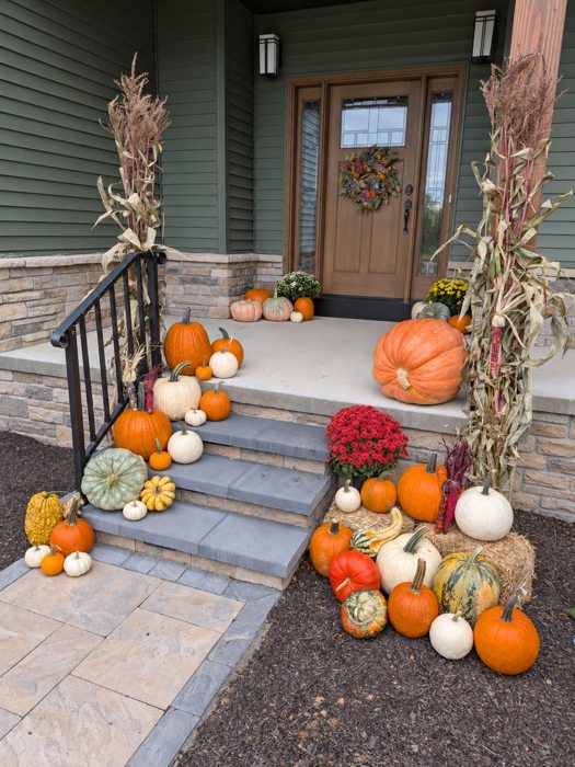 Fall pumpkins, mums and cornstalks arranged at a green porch and stone steps