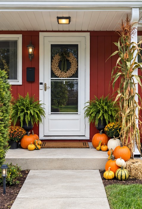 Pumpkins, a yellow mum, straw bales and cornstalks beside the entrance of a red-sided home